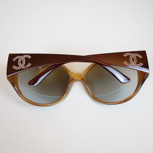 Chanel Oversized Round Rim 6013 B Sunglasses w/ Double Row Crystal CC Logo Arms - Picture 2 of 16